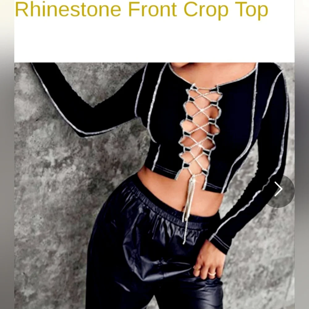 Rhinestone Crop Top Ribbed Contrast Stitching Black Lace Up Front XS